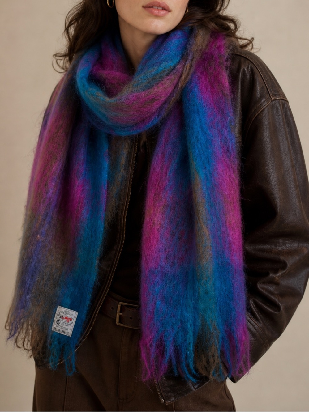 Avoca Handweavers Mohair Wool Plaid Scarf Blue Purple Fuzzy Ireland Wrap Cozy